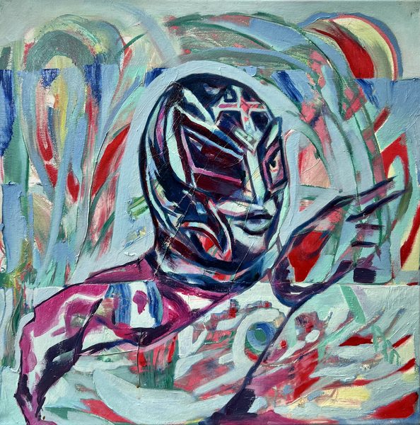 Luchador Mask, Originalgemälde von Wladislaw Mueller, frontale Ansicht