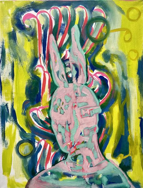 Rabbit on Yellow, Originalgemälde von Wladislaw Mueller, frontale Ansicht